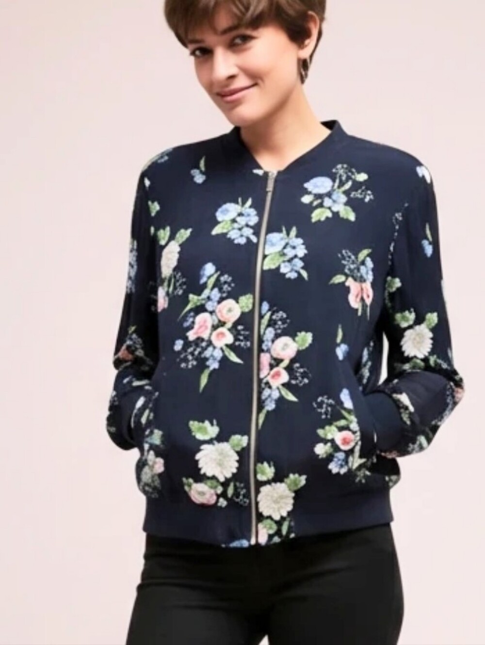 Dahlia Navy Floral Zip-Front Bomber Jacket, Size S